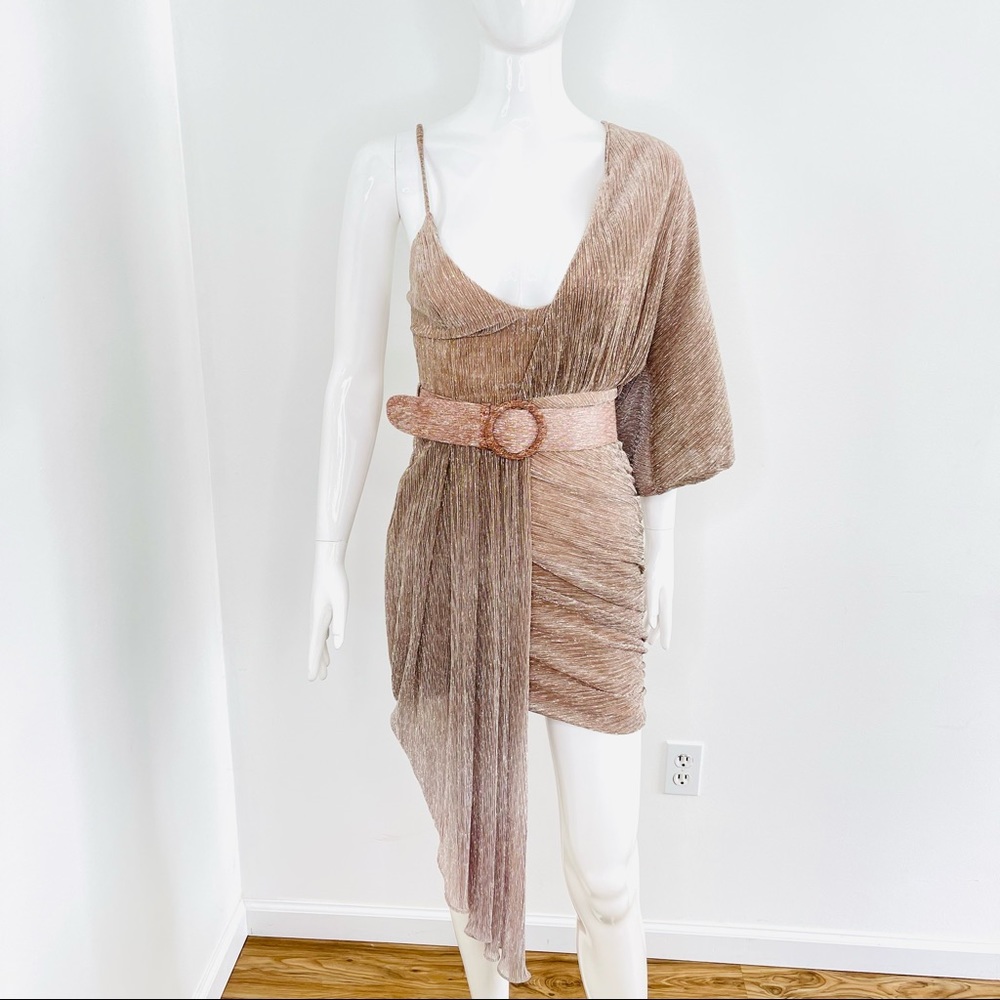 PatBo Ombre Lurex Asymmetric Belted Mini Exclusive Color Champagne